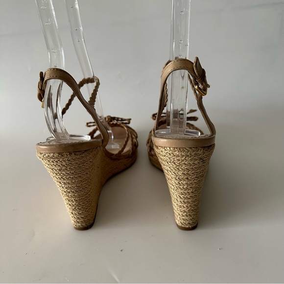 Prada Wedge Platform Sandals Cream Leather Ankle Strap Cork  Size 39.5 - Picture 6 of 9